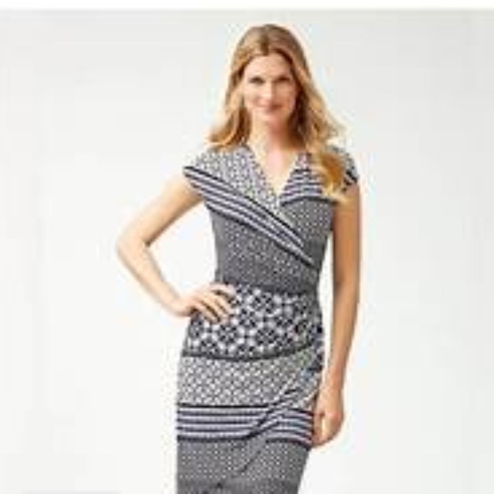 Tommy Bahama Tropical Terrazza Stretch Jersey Faux Wrap Dress M Black White